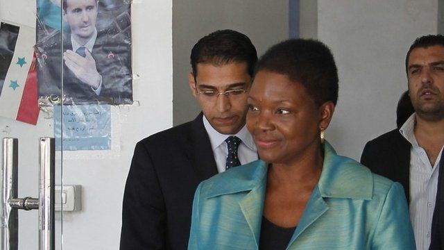 UN humanitarian official Valerie Amos leaves a meeting with Syrian officials in Damascus