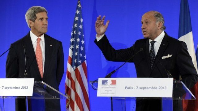 Secretary of State John Kerry and French Foreign Minister Laurent Fabius hold a news conference at the Ministry of Foreign Affairs in Paris,