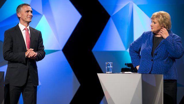Prime Minister Jens Stoltenberg and opposition leader Erna Solberg debate on national TV in Oslo