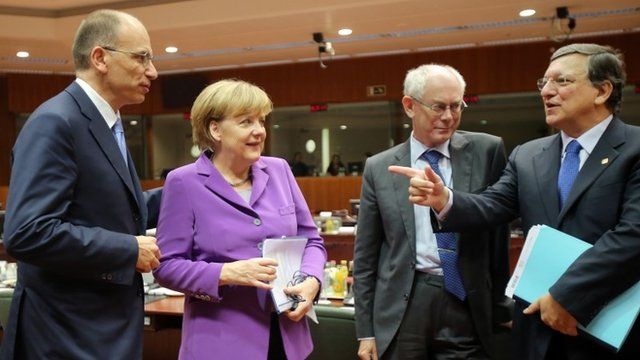 Italian Prime Minister Enrico Letta, German Chancellor Angela Merkel, European Council President Herman Van Rompuy and European Commission President Jose Manuel Barroso