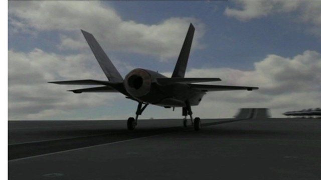F-35B jet taking off from aircraft carrier
