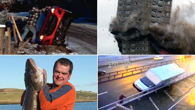 Overturned car, Red Road flats, a fisherman and a van on the Forth Bridge