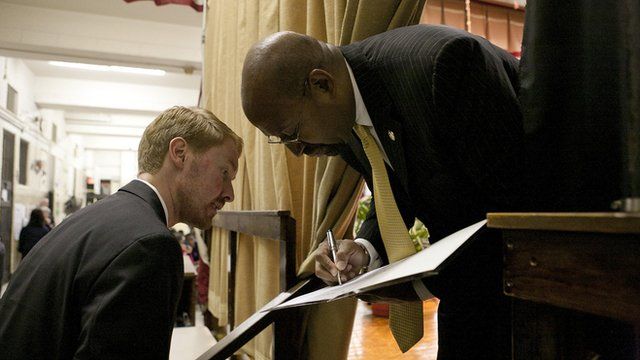 Philadelphia mayor Michael Nutter (R) with special assistant Luke Butler