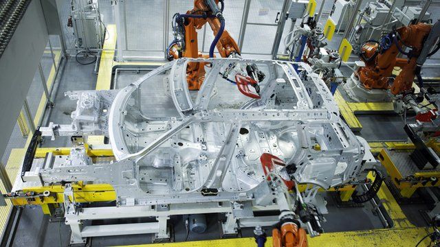 Aluminium Range Rover chassis on the production line