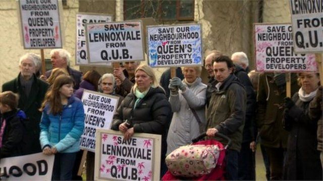 Residents protest against plans by Queen's University in Belfast to build new student accommodation