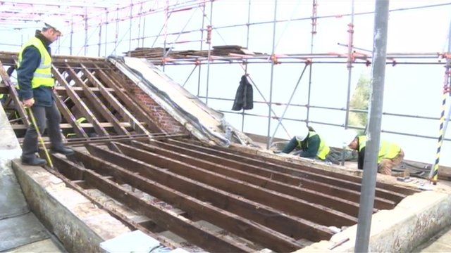 Work is carried out on the roof of the 250-year-old pantheon at Stourhead in Wiltshire