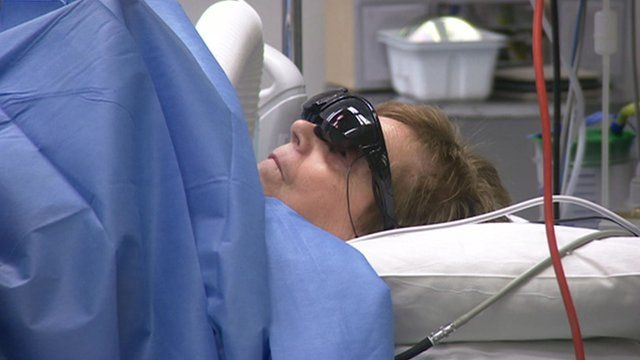 Patient wearing goggles