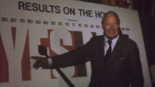 Edward Heath celebrates victory for the 'Yes' campaign in the EEC referendum of 1975