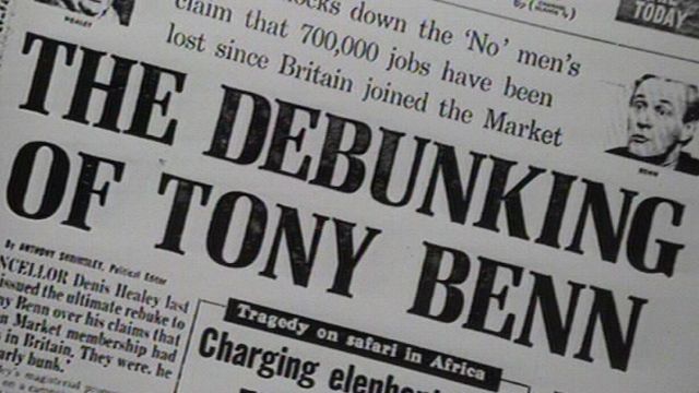 Daily Mail front page, 4 June 1975. Headline reads 'The Debunking of Tony Benn'