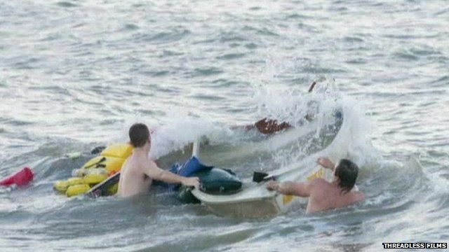 Groomsmen rescue fisherman