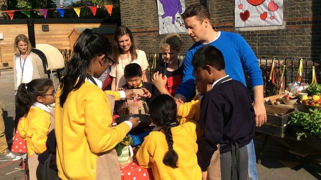 Jamie Oliver with schoolchildren