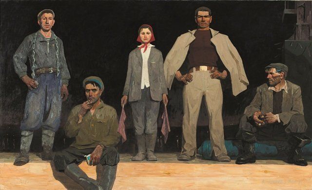 Viktor Popkov's painting "Builders of Bratsk" at an exhibition in London.