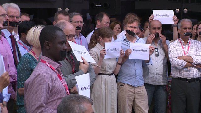 Journalists outside New Broadcasting House