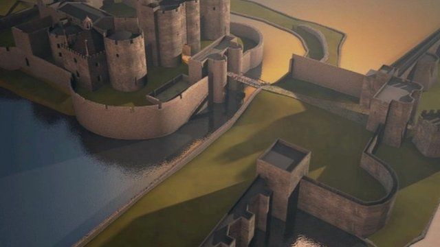 Delwedd cyfrifiadurol o gastell Caerffili