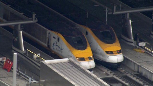 Two Eurostar trains at St Pancras station