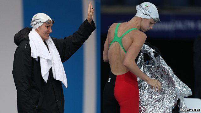 Welsh swimmer Jazz Carlin wears her hi-tech jacket at the 2014 Commonwealth Games
