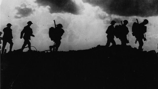 Men walk against skyline Ypres WW1