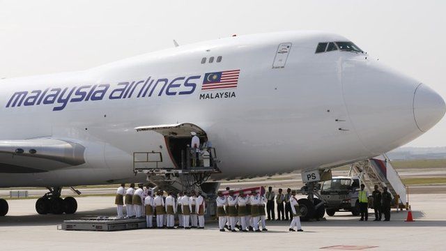 Soldiers carry a coffin as it leaves the plane