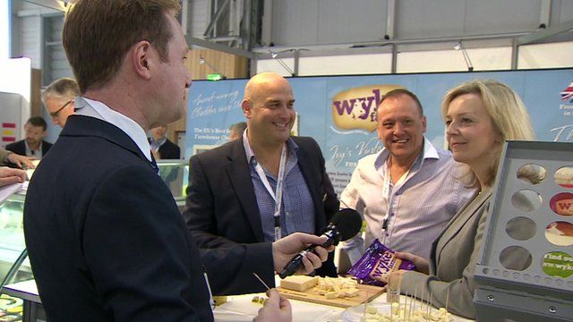 Reporter Adam Fleming at Sial food expo in Paris with British food producers and Elizabeth Truss