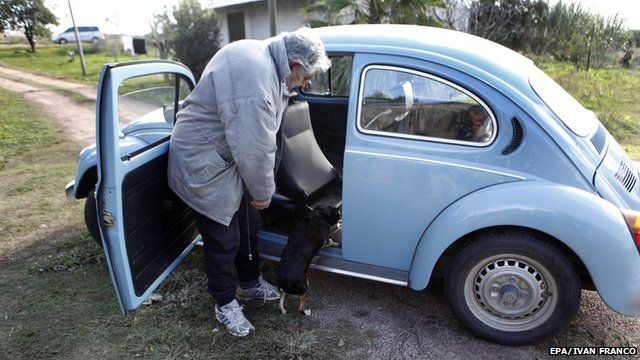 Uruguay's President Jose Mujica helping his pet dog climb into the presidential Volkswagen Beetle