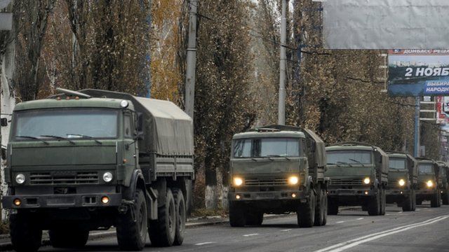 A convoy of unmarked military vehicles in Donetsk