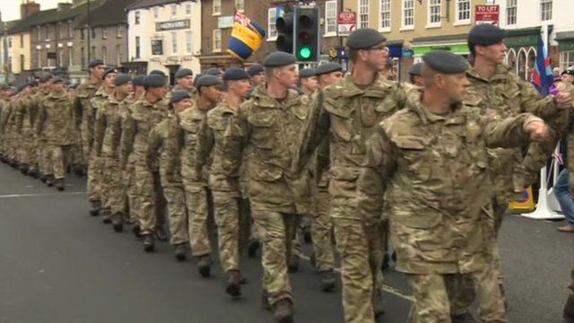34 Squadron RAF Regiment walking down a street in Bedale