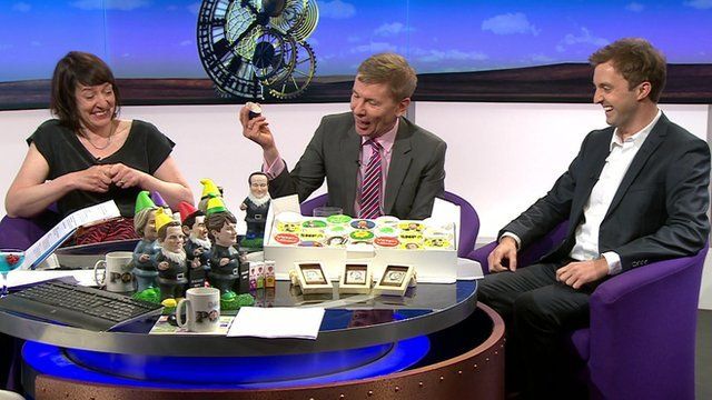 Zoe Williams, Andrew Pierce and Benedict Pringle with election merchandise