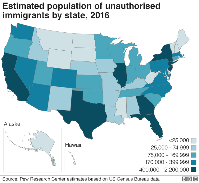 US map showing undocumented immigrant population per state