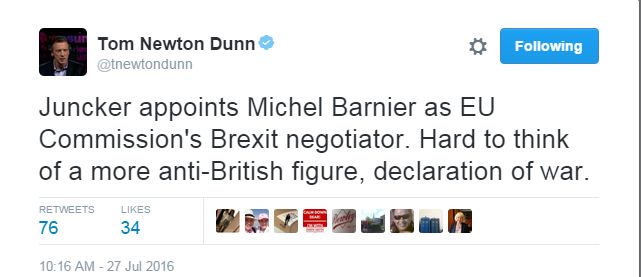 Tweet by Tom Newton Dunn saying "Hard to think of a more anti-British figure, declaration of war"
