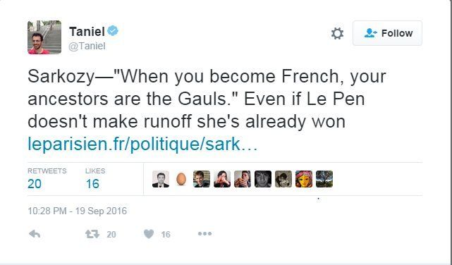 "Even if Le Pen doesn't make the run-off she's already won," comments @Taniel on Twitter