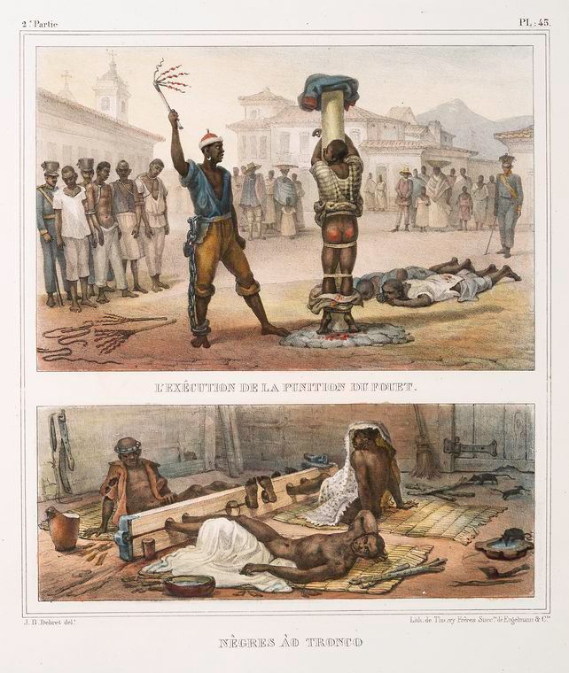 Duas ilustrações de violência contra escravos; na imagem do alto, um açoite a escravo amarrado em tronco, com nádegas ensanguentadas; na imagem de baixo, escravos com os pés presos em uma plataforma de madeira