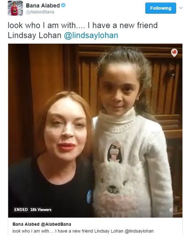A tweet from Bana Alabed with a video of her and Lindsay Lohan, saying: "Look who I am with... I have a new friend"