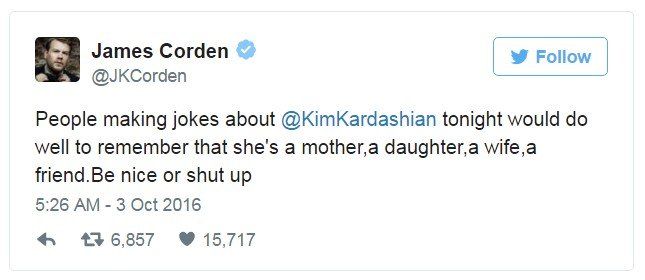 Tweet: People making jokes about Kim Kardashian tonight would do well to remember that she's a mother, a daughter, a wife, a friend. Be nice or shut up."