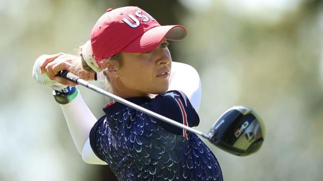 Nelly Korda watches a drive during a practice round prior to the Solheim Cup