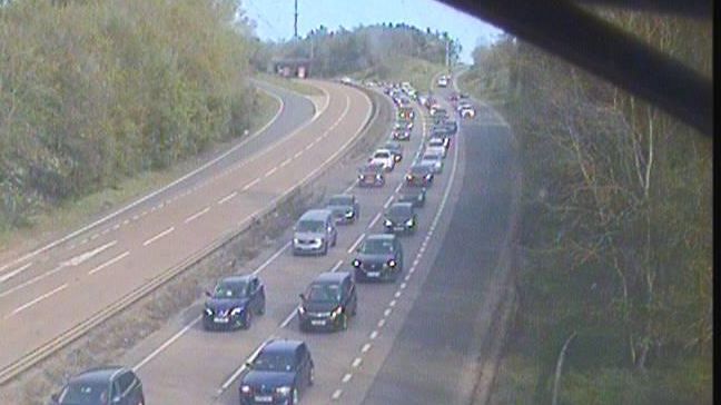 A traffic camera image of queues on the A14