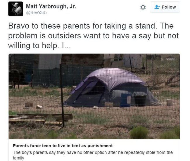 Twitter users offered their support after a family forced their son to live in a tent as punishment for stealing.