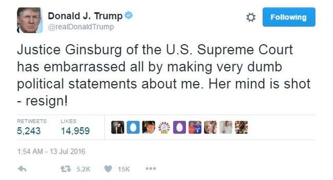 Trump Calls On Justice Ginsburg To Resign Amid Political Row - BBC News