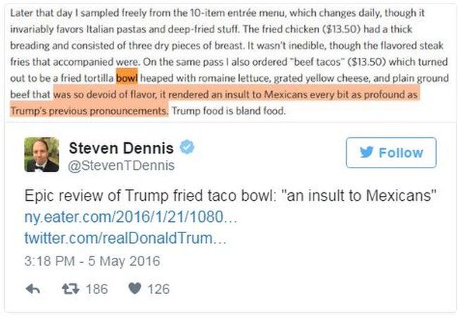 Tweet by Steven T Dennis about Trump taco Bowl