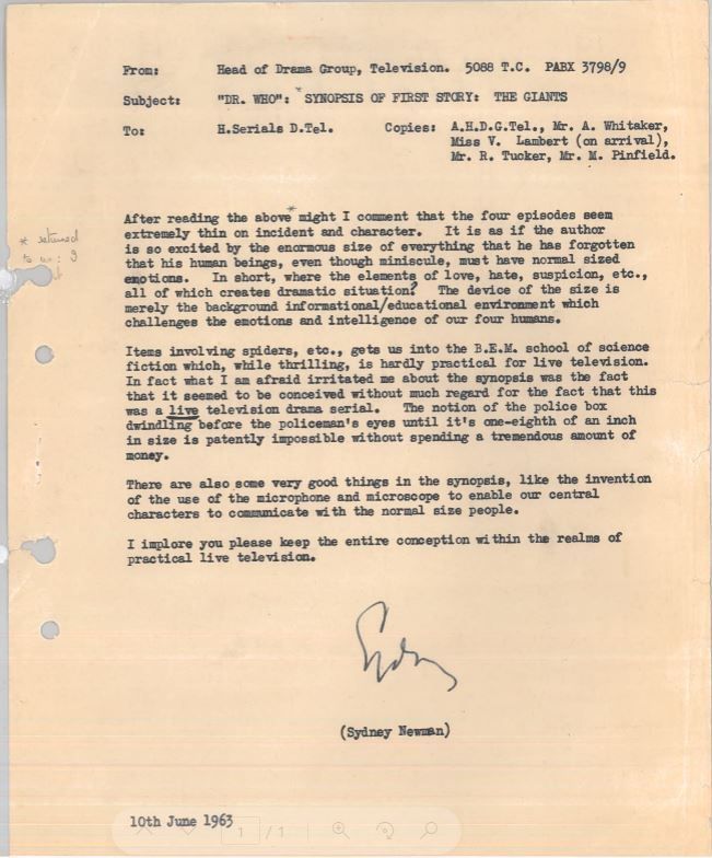 Memo from Sydney Newman - pushing back on what was achievable on television at the time (1963)