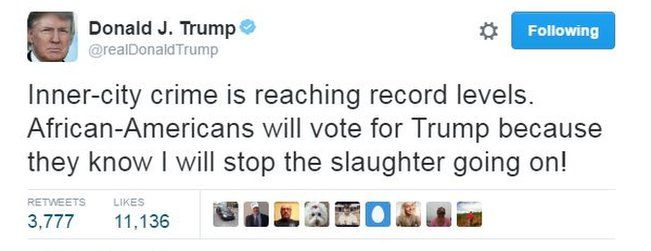 Donald Trump tweets: "Inner-city crime is reaching record levels. African-Americans will vote for Trump because they know I will stop the slaughter going on!"