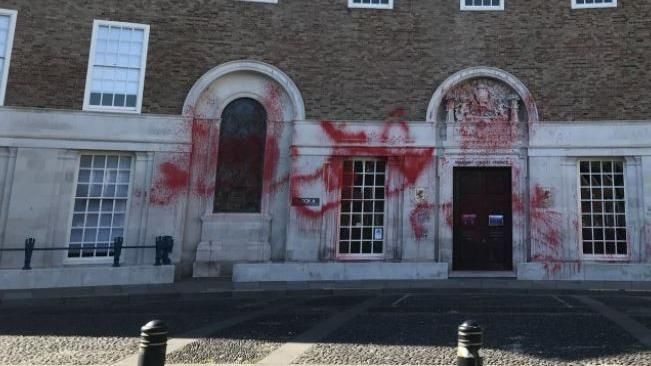 County Hall in Somerset splashed with red paint