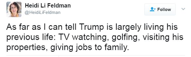 Heidi tweets: "As far as I can tell Trump is largely living his previous life."