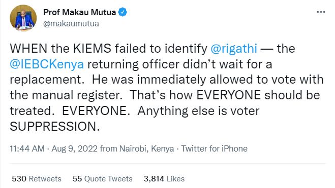 Скриншот твита Макау Мутуа утверждает, что Ригати Гачагуа был идентифицирован с помощью ручного реестра