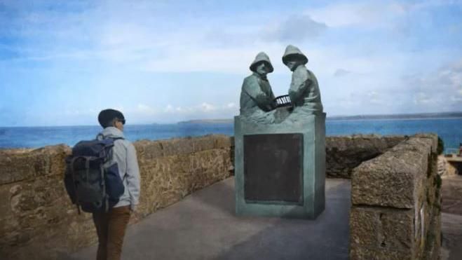 A depiction of a memorial statue at St Ives Bay