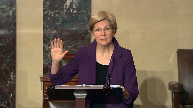 In this image from Senate Television, Sen. Elizabeth Warren, D-Mass., speaks on the floor of the U.S. Senate in Washington, Feb. 6, 2017