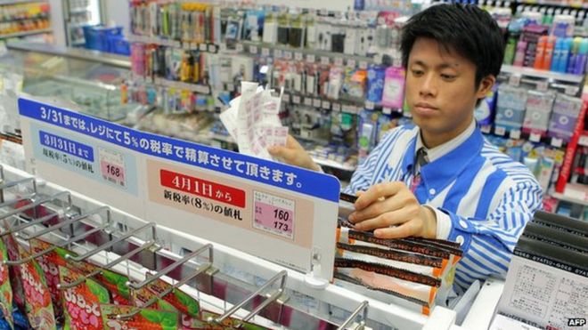 Менеджер круглосуточного магазина обновляет ценники, поскольку налог на потребление в Японии повышается с пяти до восьми процентов в Токио 31 марта 2014 года