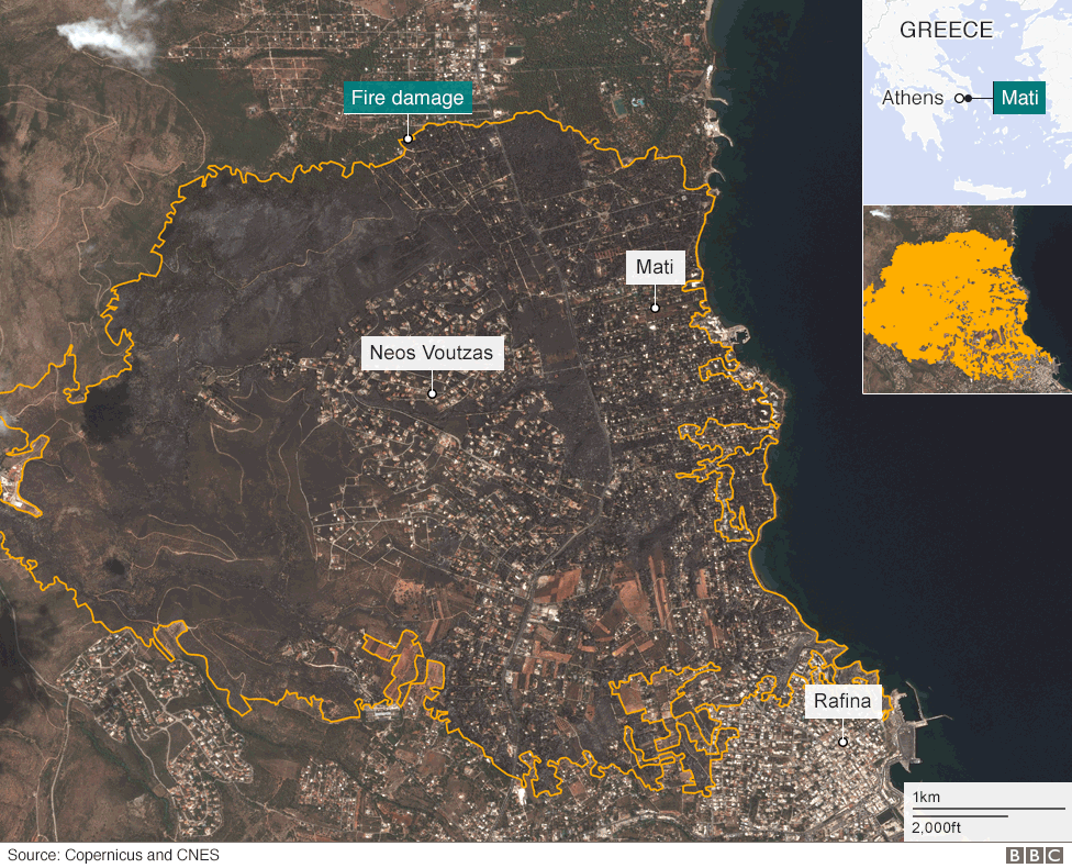 Спутниковое изображение области Мати показывает степень повреждения от пожара
