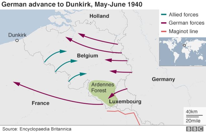 Карта, показывающая наступление Германии на Дюнкерк в мае-июне 1940 года