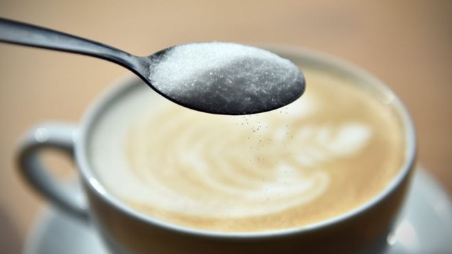 Spoon of sugar with coffee