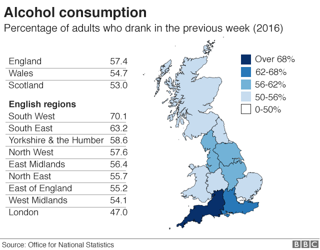 Карта Великобритании с цветовой кодировкой регионов в соответствии с самым высоким процентом взрослых, которые сказали, что они пили на последней неделе в 2016 году.